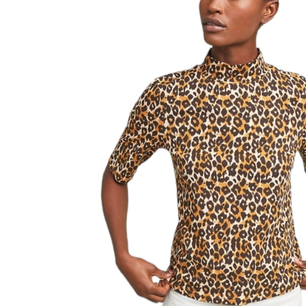 Anthropologie Leopard Print Mockneck Short Sleeve Shirt